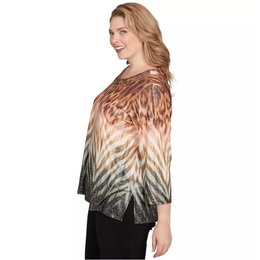 Alfred Dunner Top Womens XL‎ Brown NWT Metallic Leopard Chevron 3/4 Sleeve 03424